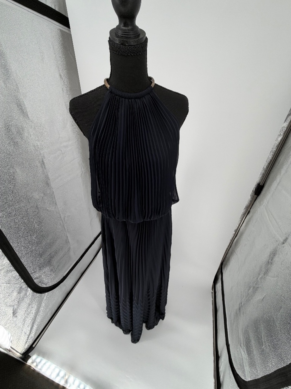 Xscape Navy Blue Plissé Pleated Halter Maxi Dress NWT 12